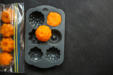 frozen puree orange pumpkin or carrot (preparation, silicone mold, vegetable puree mashed, convenience food) menu concept. food background. top view. copy space
