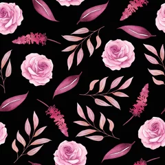 Behang Floral watercolor seamless pattern on black background with branches and flowers for design and decor. © IrinaLitvinova