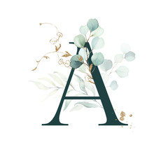 Dark Green Floral Alphabet - letter A with gold and green botanic branch bouquet composition. Unique collection for wedding invites decoration, birthdays & other concept ideas.