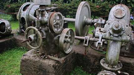 Fototapeta na wymiar A statue of a tea leaf processing machine monument in a park on a mountain