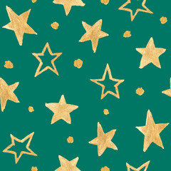 Obraz premium Watercolor seamless pattern with gold stars on a background green color. Hand drawing for paper, Wallpaper, textiles, screensavers, printing.
