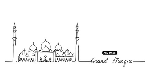 Sheikh Zayed grand mosque one continuous line drawing. Simple, minimal black and white vector background.