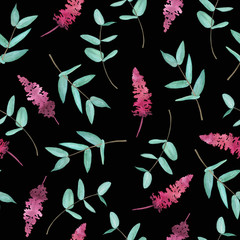 Floral watercolor seamless pattern on black background with branches and flowers for design and decor.