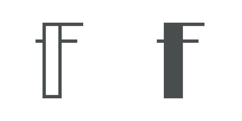 Letra F del alfabeto en tipografía tipo art deco estilo Broadway. Versión contorno y relleno en color gris