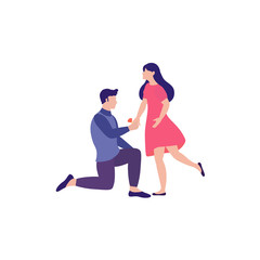 Fototapeta na wymiar Lovely happy couple. Man standing on knee with ring in hand making offer to woman asking her marry him. Vector illustration can use for the design of banners, flyers, card, web