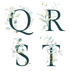 Dark Green Floral Alphabet Set - letters Q, R, S, T with green leaves, botanic branch bouquet composition. Unique collection for wedding invites decoration and many other concept ideas.
