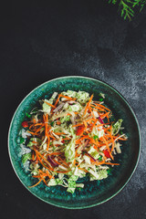 healthy vegetable salad (Chinese cabbage, carrot, onion, lettuce, mix salad, pumpkin) menu concept. food background. top view. copy space