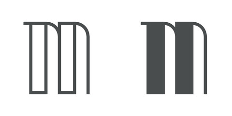 Letra M del alfabeto en tipografía tipo art deco estilo Broadway. Versión contorno y relleno en color gris