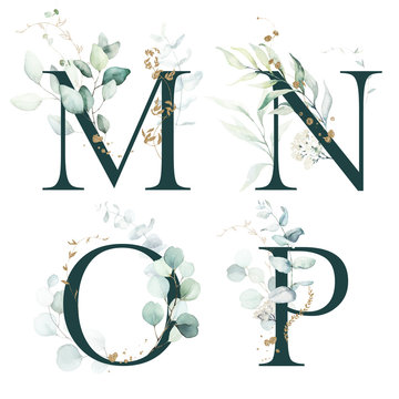 Dark Green Floral Alphabet Set - letters M, N, O, P with green leaves, botanic branch bouquet composition. Unique collection for wedding invites decoration and many other concept ideas.