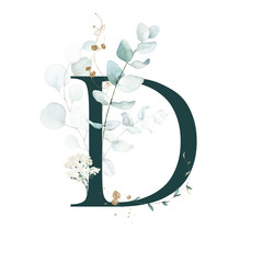 Dark Green Floral Alphabet - letter D with gold and green botanic branch bouquet composition. Unique collection for wedding invites decoration, birthdays & other concept ideas.
