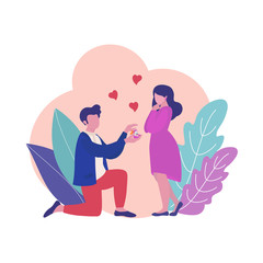 Lovely happy couple. St. Valentine's Day. Man standing on knee with ring in hand making offer to woman asking her marry him. Vector illustration can use for the design of banners, flyers, card, web