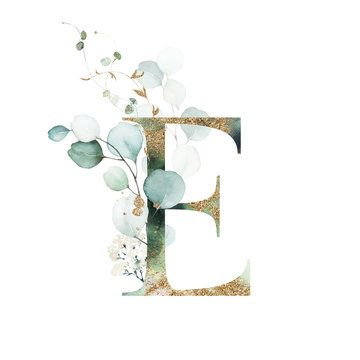 Gold Floral Alphabet - letter E with gold and green botanic branch leaf bouquet composition. Unique collection for wedding invites decoration & other concept ideas.
