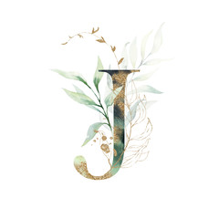 Gold Floral Alphabet - letter J with gold and green botanic branch leaf bouquet composition. Unique collection for wedding invites decoration & other concept ideas.