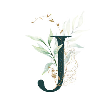 Dark Green Floral Alphabet - letter J with gold and green botanic branch bouquet composition. Unique collection for wedding invites decoration, birthdays & other concept ideas.