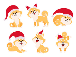 Vector set with shiba in santa hat isolated on white.