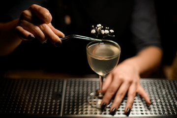Close-up of bartender decorating drink with branch
