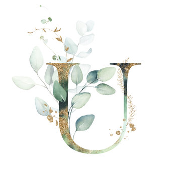 Gold Floral Alphabet - letter U with gold and green botanic branch leaf bouquet composition. Unique collection for wedding invites decoration & other concept ideas.