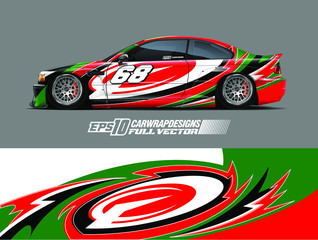 Fototapeta premium Racing car wrap design vector. Graphic abstract stripe racing background kit designs for wrap vehicle, race car, rally, adventure and livery. Full vector eps 10