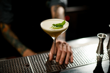 Close-up of cocktail in martini glass in bartender's hand