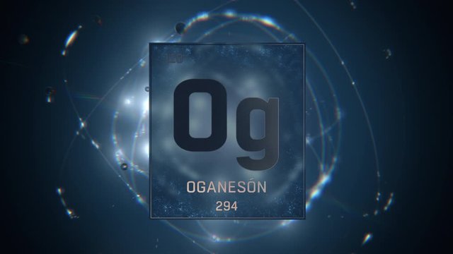 Oganesson as Element 118 of the Periodic Table. Seamlessly looping 3D animation on blue illuminated atom design background with orbiting electrons. Name, atomic weight, element number in Spanish langu