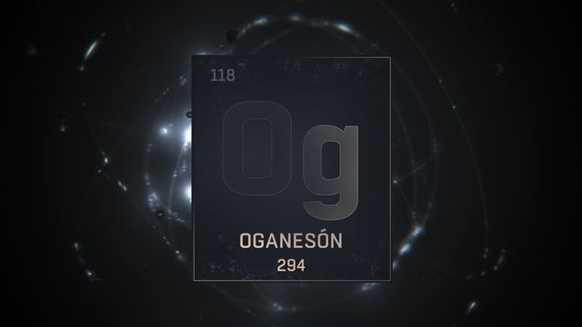 Oganesson as Element 118 of the Periodic Table. Seamlessly looping 3D animation on silver illuminated atom design background with orbiting electrons. Name, atomic weight, element number in Spanish lan