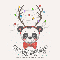 Cute panda face with deer horns, christmas garland, bow tie. Christmas card. New Year. Season's Greetings. Vector illustration