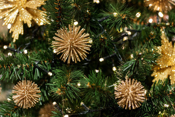 Beautiful background, desktop wallpaper with Christmas tree and New Years decorations.