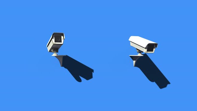 CCTV cameras in motion on blue background, public surveillance system, security. Security cams on a building