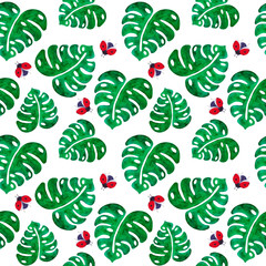 tropical leaf monstera seamless pattern with ladybug green background botanical pattern
