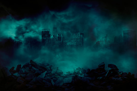 The ruins of a large city building with pieces of concrete and brick rubble debris in front are covered with smoke from the civil war and the city abandonment, concept of war