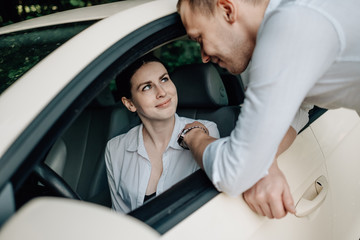 Happy Traveling Couple Together Enjoying Road Trip, Vacation Concept, Holidays Outside the City, Two Cheerful People