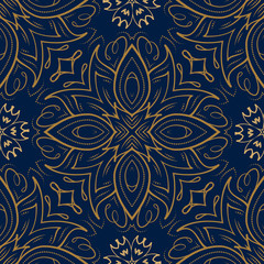 Tracery vintage vector seamless pattern. Golden motifs background.