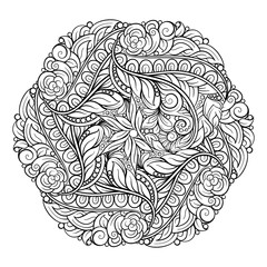 Black and white ethnic style floral mandala pattern for antistress coloring. Abstract coloring page.