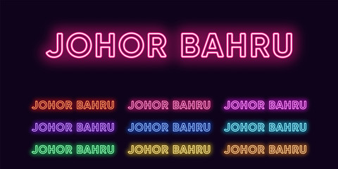 Neon Johor Bahru name, City in Malaysia. Neon text of Johor Bahru city. Vector set of glowing Headlines