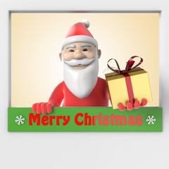 Santa Claus send ing give box with hand in border paper card include Merry Christmas label with 3d rendering.