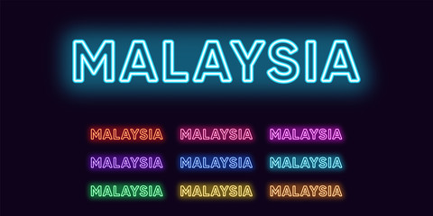 Neon Malaysia name, Asian Country. Neon text of Malaysia. Vector set of glowing Headlines