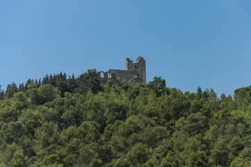Fototapeta na wymiar The ruins of an ancient castle fortress on a mountain among the forest