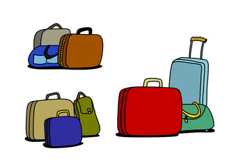 Luggage, baggage set with different colors. Travel, bag, case, suitcase, trolley. Cartoon style vector illustration.