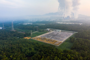 Aerial view of Mae Moh Coal Power Plant with smoke and toxic air from chimney. Factory industry....