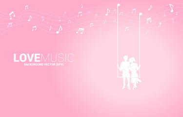 Lover couple sitting together on swing from music note. concept for love and romantic music