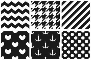 Tile vector pattern set with chevron, zig zag, polka dots, sailor, hearts and stripe background