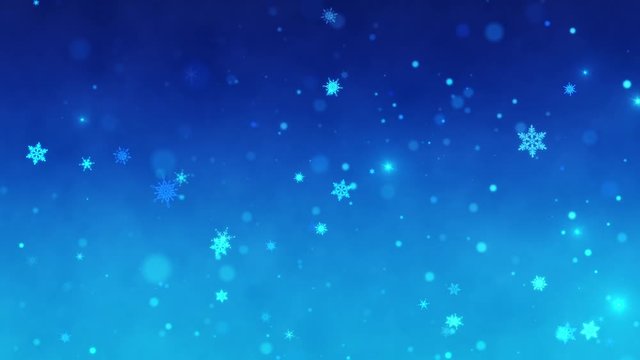Snow falls and decorative snowflakes. Winter, Christmas, New Year. Dark blue artistic background. 3D animation. Quick Time, h264, 16-bit color, highest quality. Smooth gradation of color.