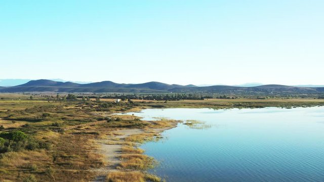 Aerial view of the beautiful ornithological nature park and Vrana lake (Vransko jezero) in Dalmatia, Croatia, drone reveal footage