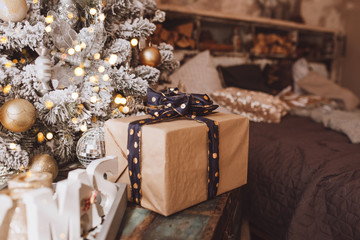 Christmas tree lights reflecting from glass balls and mirror
