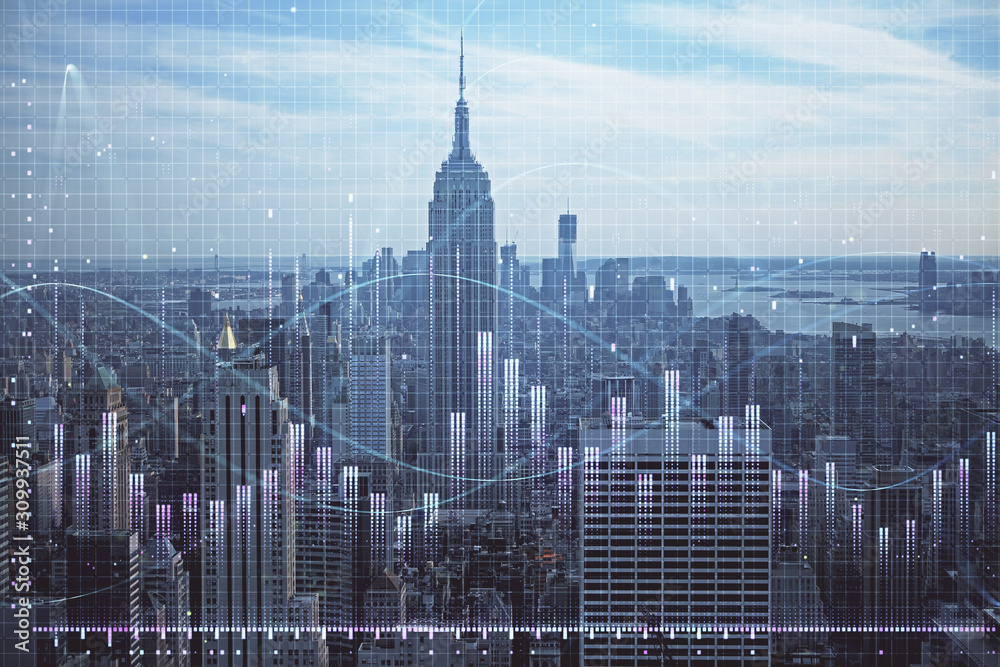 Poster forex graph on city view with skyscrapers background double exposure. financial analysis concept.