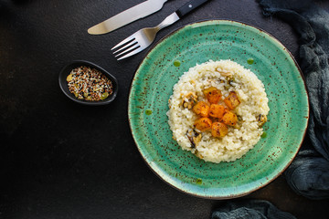 risotto mussels, vegetables (main course, rice seafood) menu concept. food background. top view. copy space