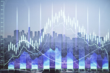Naklejka premium Forex chart on cityscape with skyscrapers wallpaper multi exposure. Financial research concept.