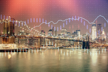 Financial chart on city scape with tall buildings background multi exposure. Analysis concept.