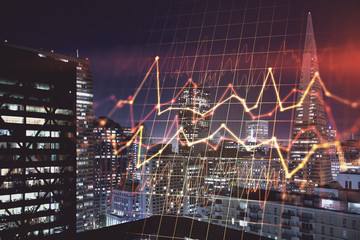 Financial graph on night city scape with tall buildings background multi exposure. Analysis concept.