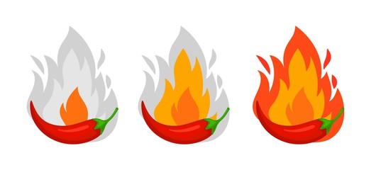 Chili pepper spice levels. Marking dishes for restaurant or cafe. Asian cuisine, hot red peppers on fire vector set